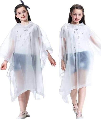 Bosdontek 2 Stück Regenponcho Kinder Wasserdicht Wiederverwendbar Regencape Kinder Regenmantel Kinder, Atmungsaktiv Raincoat Kids mit Kapuze (DE/NL/SE/PL, Alter, Einheitsgröße, Große Größen, Weiss)