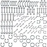 Piercing Set 120x Edelstahl Acryl Mix Körperschmuck Studs Barbells Bananabells für Ohr Lippe Nase Zunge Augenbrauen Nippel Piercing Ring Multizweck Stahl Piercing（1.2 * 10MM/*8MM）