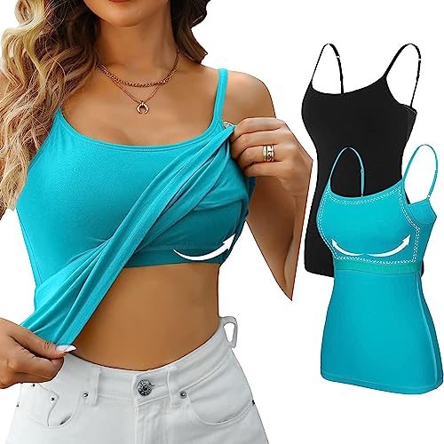 Attraco Damen Unterhemden mit Regal-BH Longshirt Basic Damen Top Baumwolle Bauchweg Tops Cami Camisole Tank Top für Frauen Grün/Schwarz L