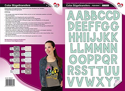 Ideen mit Herz Color Bügeltransfers, DIN A4, ABC, Alphabet | Buchstaben auf Transfer-Folien für Textilien wie T-Shirts & Taschen | Transfer-Bilder schnell & einfach aufbügeln | DIY Textildesign (mint)