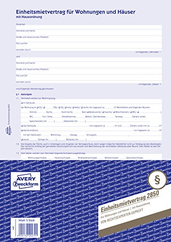 AVERY Zweckform 2850-5 Einheitsmietvertrag für Wohnungen und Häuser (Vertrag mit Hausordnung, regelt alle Punkte des Mietverhältnisses, 6-seitiges Formular in A4, selbstdurchschreibend) 5 Stück, blau