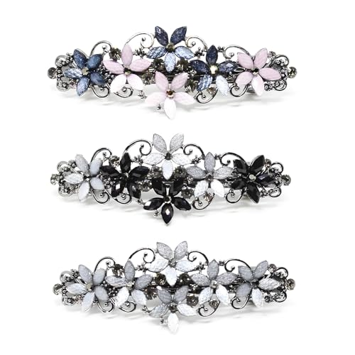 COCOMAX 3 Stück Elegante Blume Strass Haarspange für Damen Mädchen, Mode Exquisite Haarspange mit Kristallblume, Französisch Stil Vintage Haarspange Glitzer (Grau/Blau-Rosa/Schwarz-Grau)