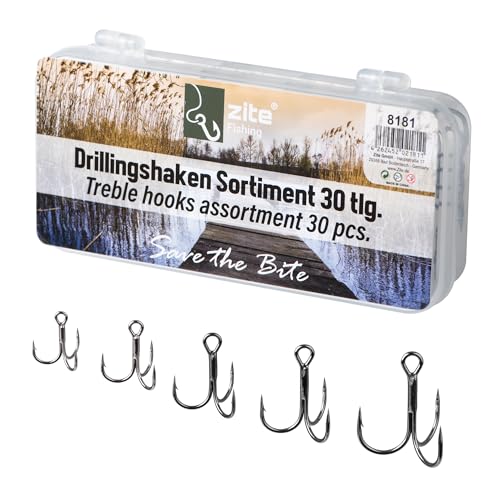 Zite Fishing Qualitäts-Drillingshaken Set 30 Stück | Drillinge Angelhaken Sortiment in Box | High Carbon Steel & Scharfe Spitzen | Angeln Haken Größe 2, 4, 6, 8 & 10