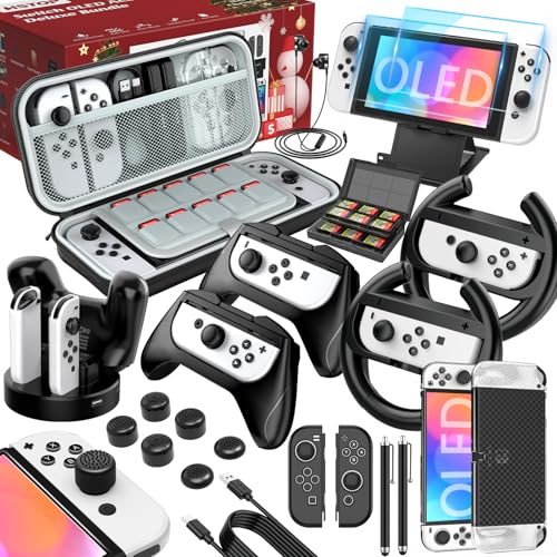 HSTOP Switch OLED Zubehör 27 in 1 Kompatibel mit Nintendo Switch OLED,Switch OLED Tasche Weihnachten Geschenk Bundle Kompatibel mit Nintendo Switch OLED Konsole mit Schutzhülle,Griff,Schwarz