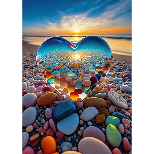 QENSPE 5D Diamond Painting Kristall Herz Diamant Painting Bilder Strand Sonnenuntergang Diamond Art Erwachsene Full DIY Diamant Kunst Malerei Stickerei Set Kreuzstich Bilder Home Wand Dekor 30x40cm