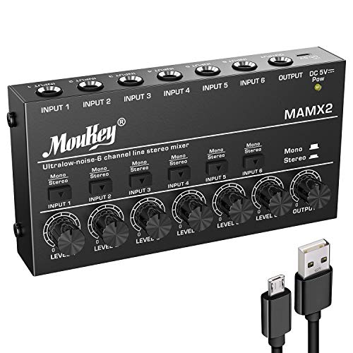 Moukey 6 Kanal DJ Mixer Mischpult, Musik Mixer tragbar, 6 Stereo Mini Audio Mixer DC 5V für kleine Clubs Bars Gitarre Bass Keyboard und Bühnenmixer, Ultra niedrig Noise-MAMX2