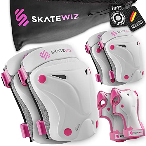 SKATEWIZ Schoner Inliner Damen und Herren - Knieschoner Inliner Damen - Protektoren Schoner erwachsene 6er Set - schlittschuhe damen Knieschützer Erwachsene - Protect-1 Pink White Größe L