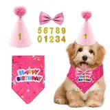 4 Stück Set Haustier Geburtstag Party Supplies, Hund Dreieck Schal, Geburtstag Hut, Hund Fliege Gold Pink Digital Patch Haustier Party Feier Dekorationen kleine, mittelgroße, große Haustiere (Rosa)