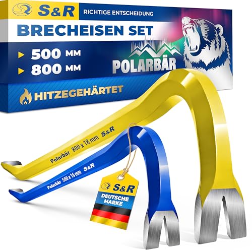 S&R Professional Brecheisen Set 2-tlg 500 x 16 mm, 800 x 18 mm, idealer Härtegrad 38-48 HRC geschmiedet, hitzegehärtet, Stemmeisen, Nageleisen, Brechwerkzeug, Abriss- & Aufbrecharbeit
