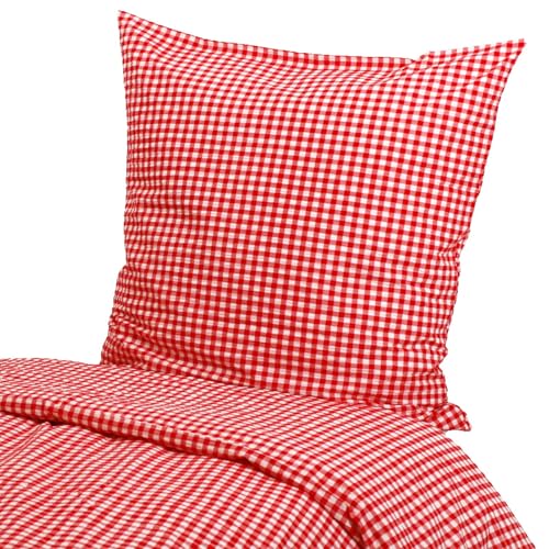 Hans-Textil-Shop Seersucker Hotelbettwäsche Karo Baumwolle - Bügelfrei, Kochfest, Kariert, Karomuster, Landhaus, Hotel Bettwäsche (135x200 cm + 80x80 cm, Rot)