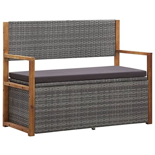 vidaXL Akazienholz Massiv Bank mit Stauraum Sitzbank Gartenbank Gartentruhe Truhenbank Kissentruhe Kissenbox Auflagenbox 115cm Poly Rattan Grau