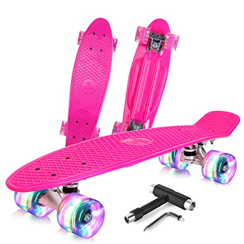 BELEEV Kinder Skateboard 22 Zoll mit LED Leuchtrollen Wheels, Komplette Mini Cruiser Skateboard für Kinder Jugendliche Erwachsene, LED Leuchtrollen mit All-in-one Skate T-Tool für Anfänger