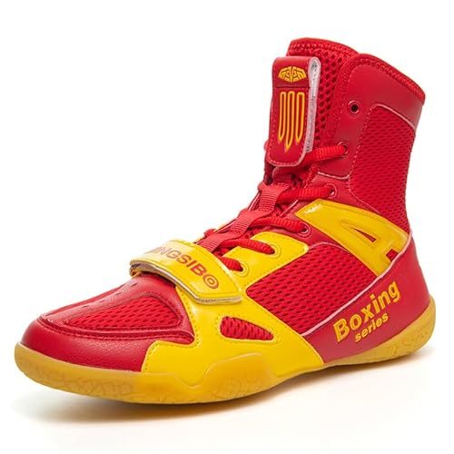 Boxschuhe, Ringerschuhe für Männer und Frauen, Kinder-, Indoor-Fitnessschuhe, Kampfschuhe, rutschfeste und atmungsaktive High Top Kampfsportschuhe (Rot Gelb,32)