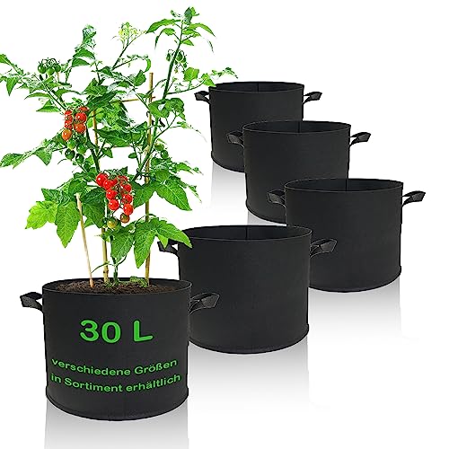 KUGARD Pflanzsack aus Vliesstoff | 5X Set 30 Liter | Stabile Pflanztasche mit Griffen für Kräuter Gemüse Tomaten Kartoffeln Erdbeeren Blumen auf dem Balkon & im Garten | Grow Bags Ø35cm x H30cm