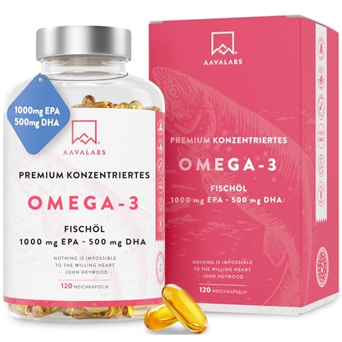 Omega 3 Kapseln Hochdosiert 2000mg Omega 3 Öl 1000mg EPA + 500mg DHA pro Tagesdosis (2 Premium Omega 3 Fischöl Kapseln) - Omega-3-Fettsäuren Kapseln - 120 Kapseln Fischöl Omega 3 Hochdosiert 60 Tage