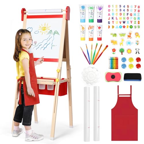 Kinderstaffelei 3-1, magnetische Kinder Kreidetafel & Whiteboard, Großer Stauraum mit Leinentasche, Staffelei Kinder, Kreide, Pinseln, Zahlen-Buchstaben-Magneten, Schürze, Geschenk für Kinder, Rot