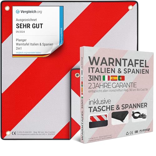 PLANGER® - Warntafel Italien und Spanien (Schild + Tasche + Spanner) 2in1 (50 x 50 cm) - Reflektierendes Warnschild rot weiß für Heckträger u Fahrradträger