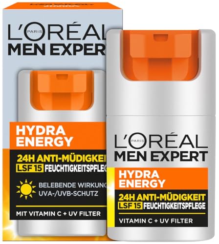 L'Oréal Men Expert Gesichtspflege mit LSF 15 für Männer, Belebende Feuchtigkeitscreme 24H Anti-Müdigkeit mit Sonnenschutz, Gesichtscreme für Herren mit Vitamin C und Proteinen, Hydra Energy, 1 x 50 ml
