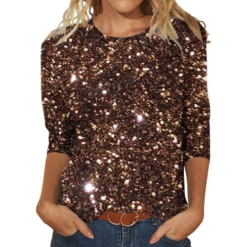 Generisch 3/4 Ärmel Langarmshirt Damen Große Größen Rundhals Langarm Glitzer Bluse Silvester Outfit Pailletten Oberteil Pailletten Festlich Sweatshirt Oberteile Tops(A Braun,XL)