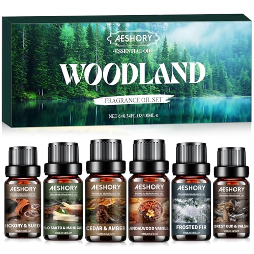 AESHORY Waldland Ätherische Öle Set für Diffuser 6 x 10ML, Wald Aromatherapie Duftöl Geschenkset für SPA, Kerzenherstellung - Sandelholz Vanille, Gefrostete Tanne, Zeder & Amber, Wald-Oud & Balsam