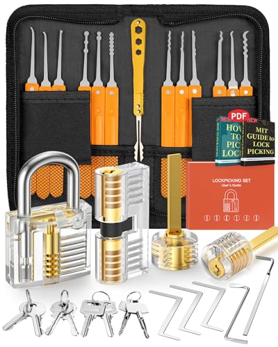 EVENTRONIC Lockpicking Set, 32 Stück Dietrich Set mit 4 Transparentem Trainingsschlössern und Handbuch Das perfekte Lock Pick Set für Anfänger und Profis Schlosser, Orange