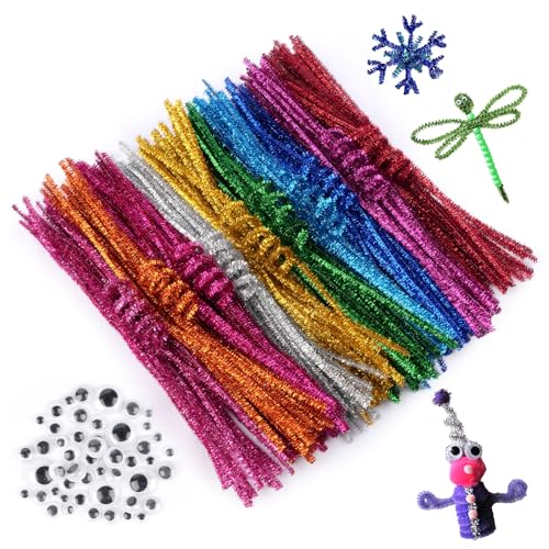 Pfeifenputzer Glitzer Set, 200 Stück Pfeifenputzer zum Basteln Glitzer, Chenilledraht Bunt mit 50 Stück Kulleraugen, Pfeifenreiniger für DIY Projekte Bastelzubehör Dekorationen (Glitzer)