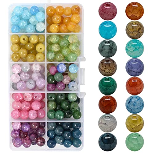 200 Stück Crackle Glasperlen, 8mm Rund Bunte Perlen mit Loch zum Basteln Edelstein Armband Bastel Perlen Schmucksteine für Schmuckherstellung und DIY Handwerk Dekor Ohrringen, 10 Farben