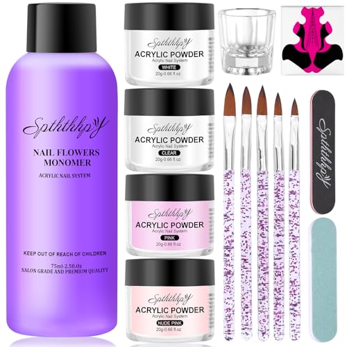 SPTHTHHPY Set Pulver und 75ml Acryl-Nagelflüssigkeit, 4 Farben Acryl Nagelset, Keine UV-Lampe erforderlich, geeignet für Anfänger und Nagelexperten