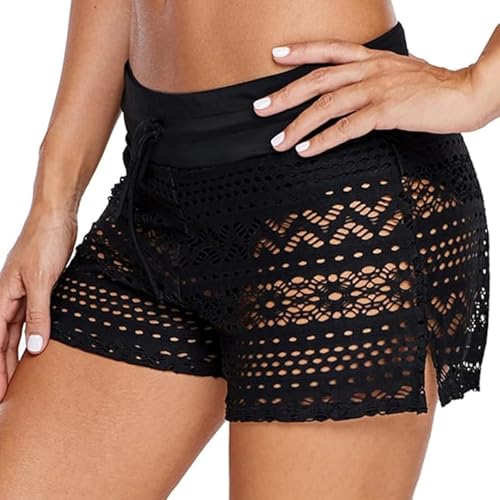 Risipu Damen Badeshorts Schnelltrocknende,Schwimmhose Damen,Badeshorts für Damen mit hohlem Spitzendesign und weichem (DE/NL/SE/PL, Alphanumerisch, M, Regular, Regular, Schwarz)