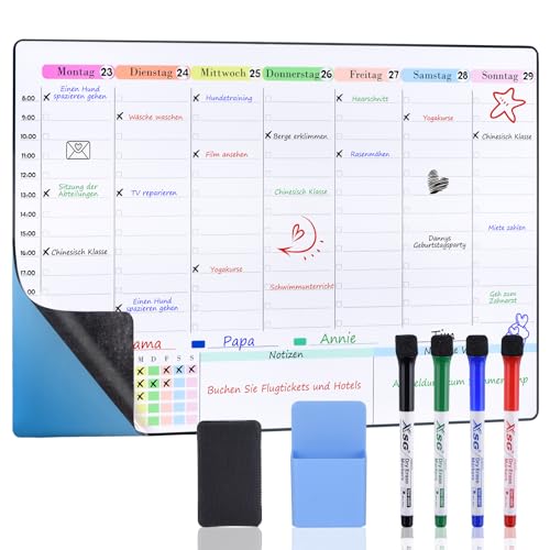 POPRUN 60×40cm Whiteboard Wochenplaner Abwischbar Selbstklebend für die Wand, Glas und Holz(jede glatte Oberfläche) Familienplaner, Planungstafel, Haushaltsplan, Terminplaner, Memoboard auf Deutsch