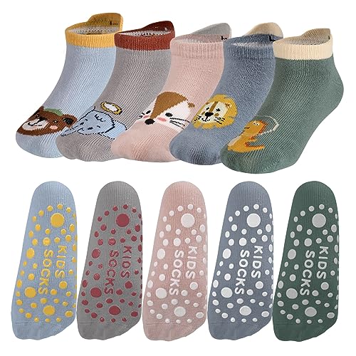 Opopark 5 Paar Grip Socken, Baby Kleinkinder Rutschfeste Socken, Stoppersocken Baby, Socken aus Baumwolle mit Tiermotiv(3-5 Jahre)