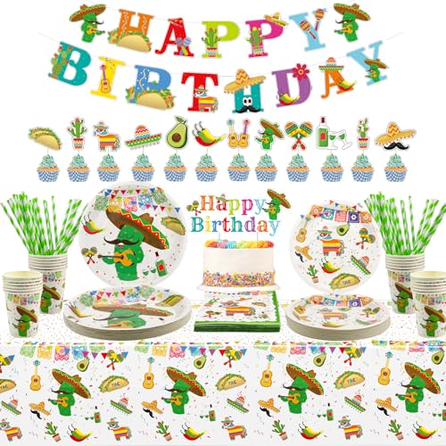 Mexikanische Geburtstagsparty Dekoration, Fiesta Party Zubehör, Teller Tassen Servietten Tischdecke Happy Birthday Banner Kuchen Toppers für mexikanische Fiesta Geschirr Set, serviert 24