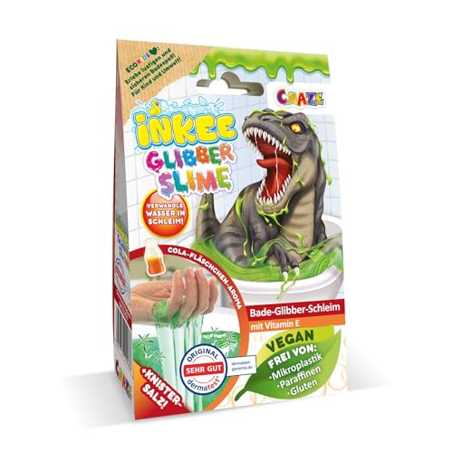 INKEE Bath Slime Dino | Bade-Glibber Schleim mit Vitamin E, neon-grünes Badepulver mit Cola Gummies Aroma, 100g Schleimpulver