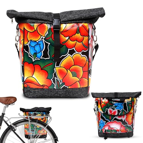 IKURI einseitige Fahrradtasche für Gepäckträger Satteltasche Einzeltasche Packtasche, abnehmbar, mit Klickfix Vario Haken, mit Tragegurt, aus Wachstuch, Damen, Wasserdicht, Modell Tehuana Schwarz