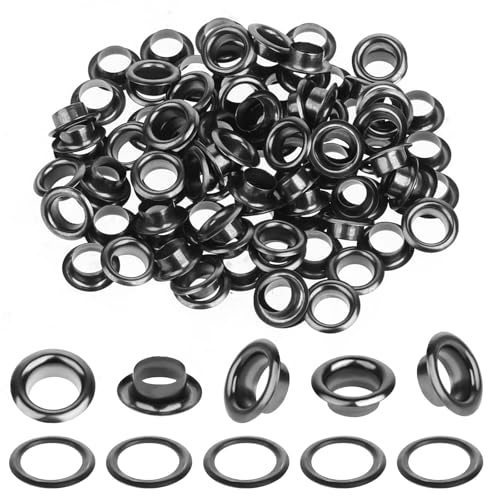 cobee 100 Sets schwarze Metallösen, 1/4 Zoll Ösen und Ösen Ösen Kit, Runde Innenloch 6mm DIY Niete für Leinwand Schuhe Kleidung Perle Kerne Stoff Leder und Tasche(Schwarz)