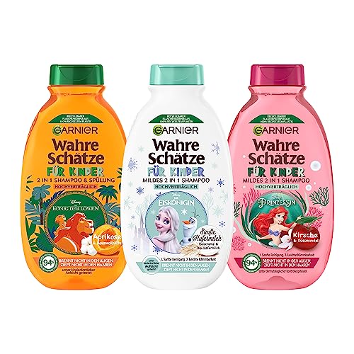 Garnier Wahre Schätze für Kinder 2in1 mildes Shampoo-Set, Disney Edition, Geschenkset, Arielle, Elsa, König der Löwen, hochverträglich, vegan, Aprikose Kirsche Hafermilch, 3x 250ml