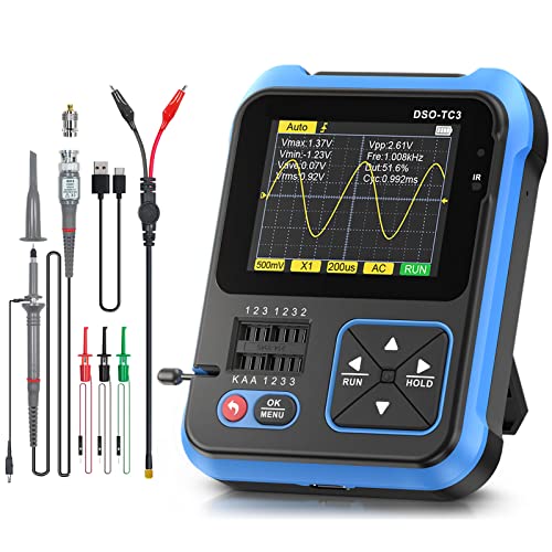 Tragbares Handoszilloskop, 3 in 1 Digitales Oszilloskop 500kHz Bandbreite, USB Wiederaufladbar Digitaltransistortester Oszilloskop mit 2,4'' Farbbildschirm, PWM Rechteckausgang Signalgenerator (Blau)