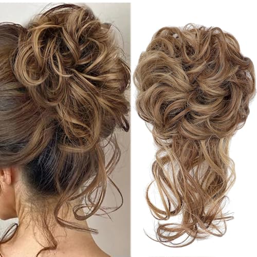 Dutt Haarteil Haargummi Mit Haaren Messy Bun Haarteile für Damen Mädchen Pferdeschwanz Zopf Haarverlängerung (12H24 Hellbraun Mix Natural Blond)