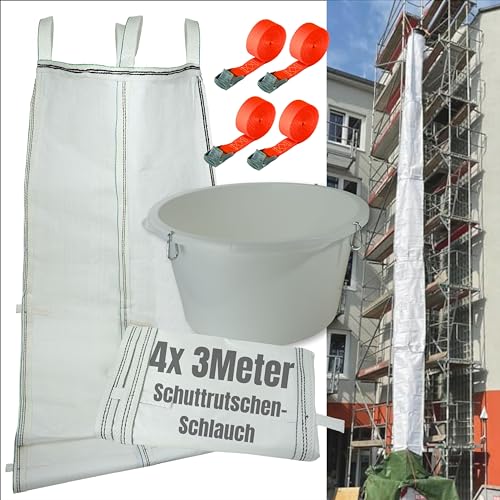 Schuttrutsche 12m | Flexible 4X 3m Schläuche, hohe Stabilität, einfache Installation | Bauschuttrutsche inkl. Einfülltrichter und 4X Spanngurt optimales Set