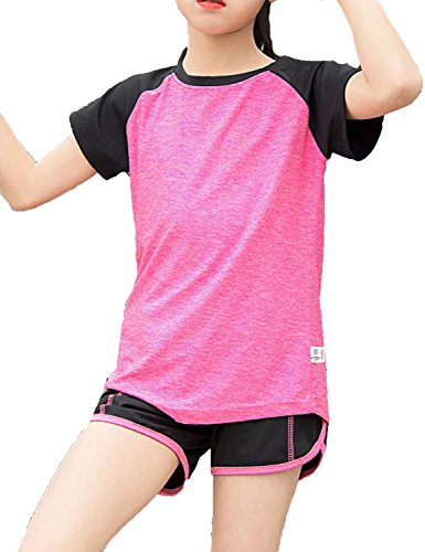 Echinodon Mädchen Sport Set Shirt + Shorts Schnelltrockend Anzug für Yoga Jogging Training Rosa 140