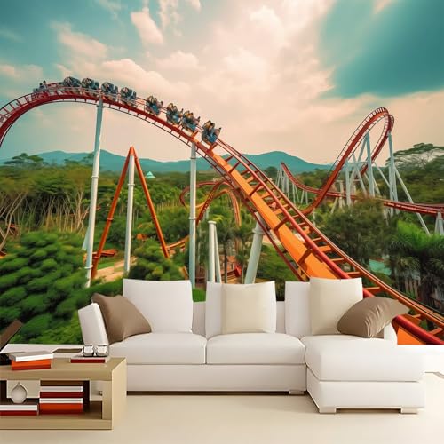 Fototapete Schlafzimmer Achterbahn-Thema im Abenteuerpark -Wanddeko, Wandbild, Wandtapete - Selbstklebend Wanddekoration - 150 x 105 cm Vlies Schlafzimmer TV-Hintergrund