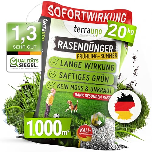 TerraUno Rasendünger Frühjahr/Sommer I Sofortwirkung für saftiges grün I 20 kg für 1000 m² I gesunder Rasen verdrängt Moos und Unkraut I NPK Dünger Rasen I Gegen Trockenstress I Für den Streuwagen