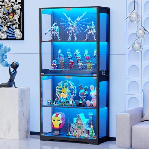BROTTAR Vitrine mit LED Beleuchtung und Glastüren, Pop-up-Design, Vitrinenschrank mit Intelligente Sensorik, 4-Lagen Glasvitrine für Wohnzimmer Schlafzimmer Büro Sammlervitrine, Schwarz