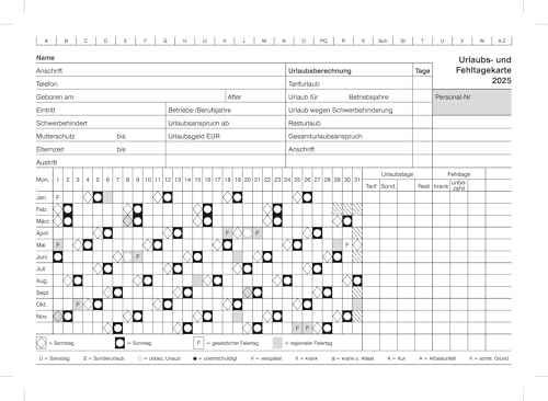 2025 Urlaubsantrag und Fehltagekarte Krankenschwestern, Zahnärzte, Optiker und mehr,