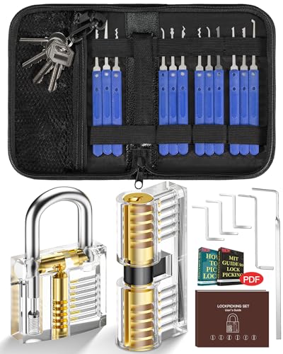 Lockpicking Set, IPSXP 25 Stück Dietrich Set mit 2 Stück Transparent Training Schlössern mit Ledertasche, Extractor Tool für Schlosserei, Anfänger und Profisrleicht