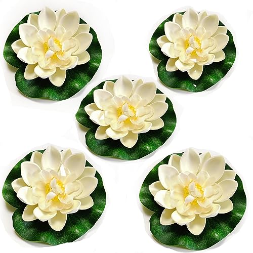 Tsling Künstliche Lotusblume,Simulation Schwimmende Wasserlilie Teichpflanzen Seerose 10cm,Simulation Seerosen für Dekoration,Schwimmende Pool (Weiß 5pcs)