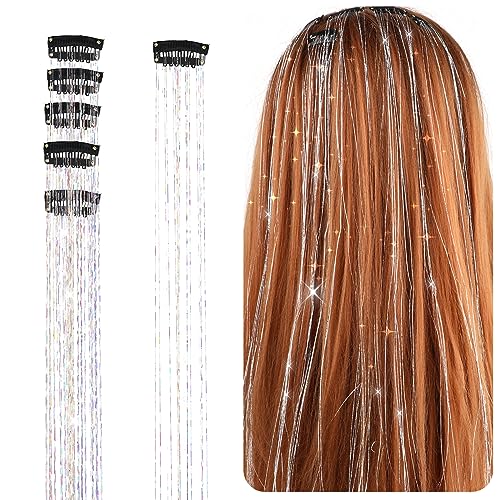 6 Stück Glitzer Haarsträhnen Lametta, 50,8 cm Haarschnüre Tinsel Hair Extensions Glitter Girls Zubehör Party Highlights Hair Tinsel Haarsträhnen Zum Einflechten Haarteil mit Klammer für Mädchen Frauen