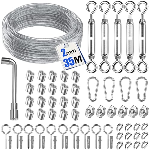 35M 69pcs Drahtseil für Kletterpflanzen - Langlebiges Stahlseil-Set mit Seilspanner, Drahtseilklemme, Stahlseil ummantelt für Rankhilfe und Beleuchtung, Ideal als Wäscheleine und für DIY-Projekte