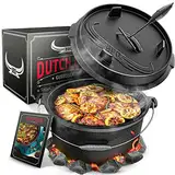 BBQ Dutch Oven [Das Original] - Dutch Oven Set [7L] – Eingebrannter Feuertopf aus Gusseisen mit Füßen & Deckel – Ausgezeichnet von Vergleich.org – inkl. Deckelheber - mit e-Book