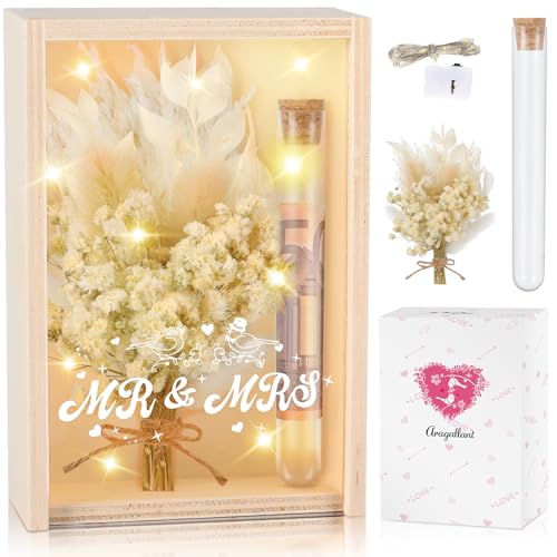 Aragallant Hochzeitsgeschenke für Brautpaare, Geldgeschenk Hochzeit, Mr und Mrs Geschenkbox inklusive Holzbox, Trockenblumen, Reagenzglas, Lichterketten, Hochzeitstag, Hochzeitsgeschenk Geld
